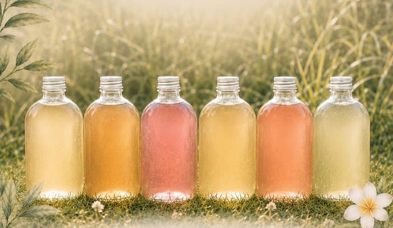 Six bottles of Jaran's kombucha standing in the grass