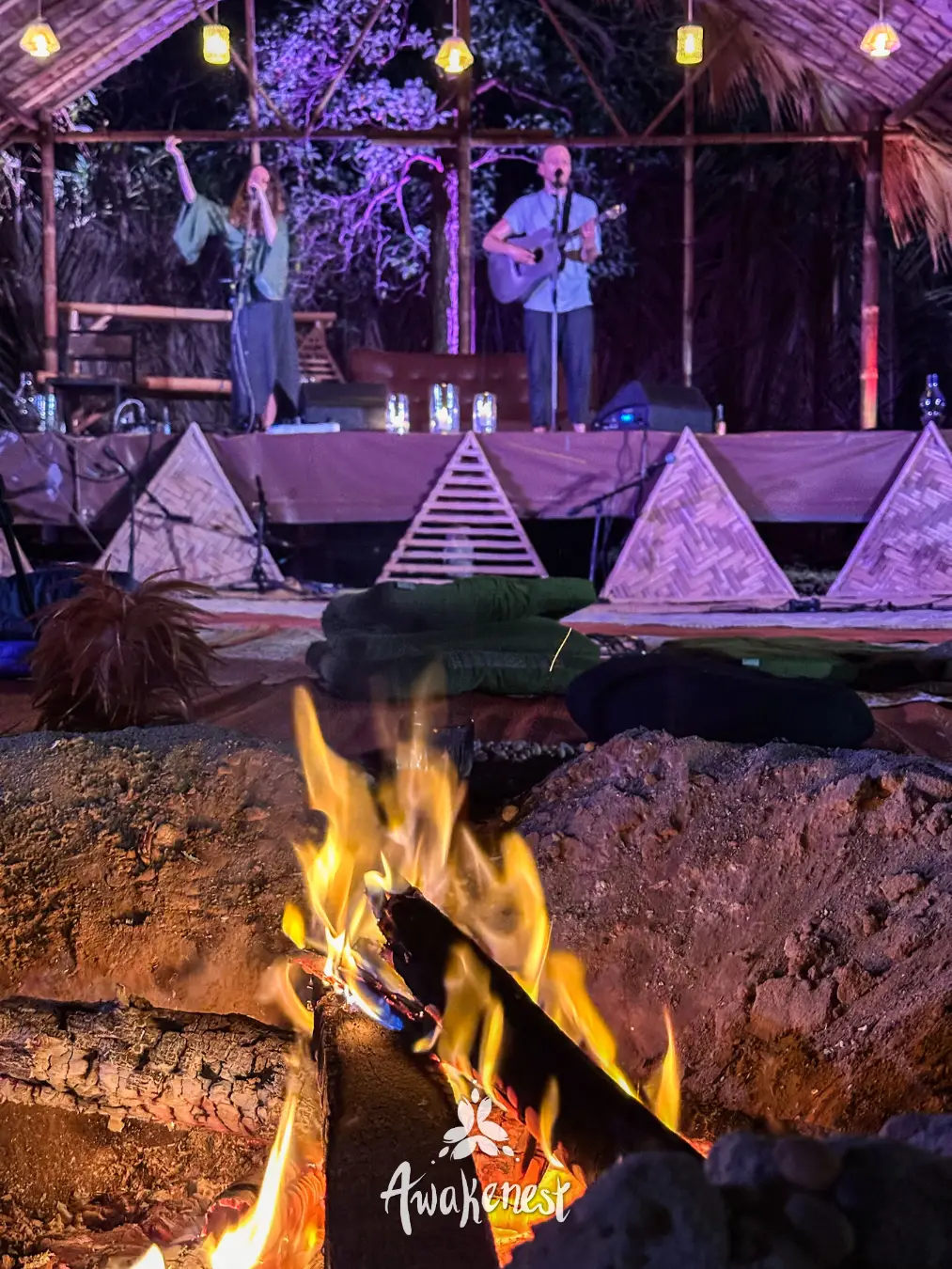 Duo performing on stage by firepit at night.
