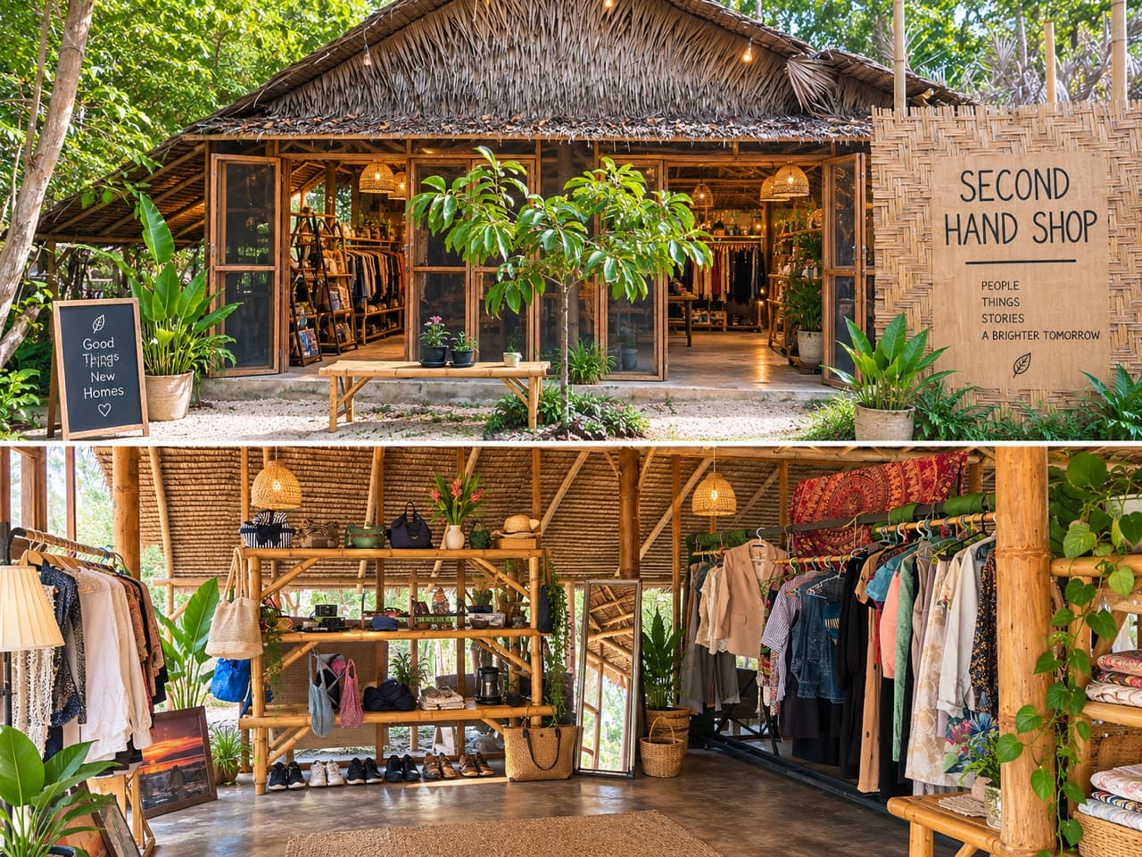 The Second Hand Shop at Stayfly, shown from outside and inside among tropical greenery.