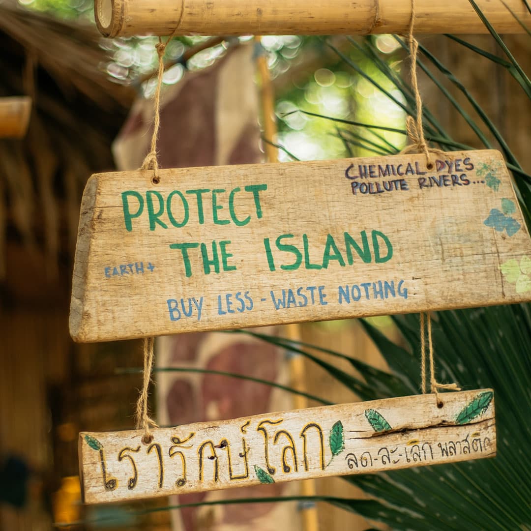 A hand painted wooden sign reading Protect the island, buy less, waste nothing, hung among palm fronds.