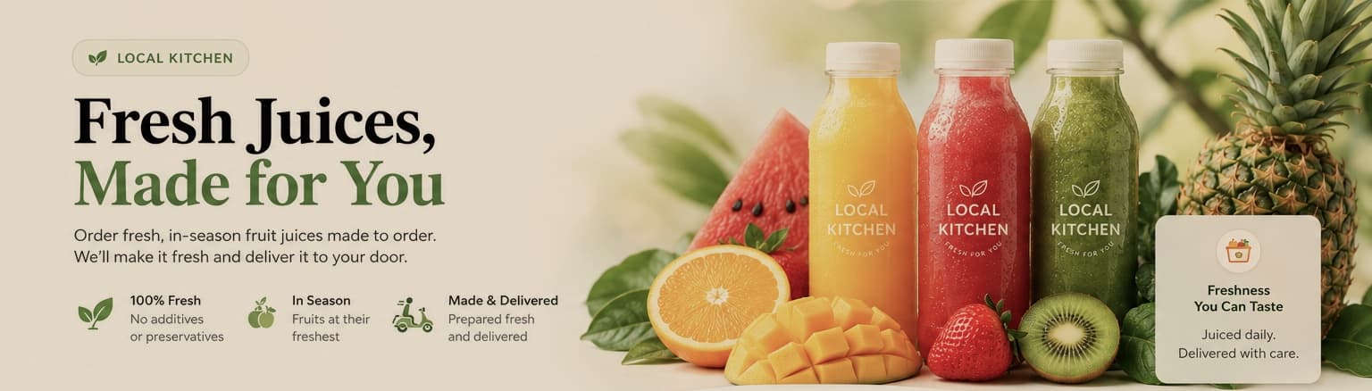 Fresh Juices, Made for You at Jaran's Eatery. Order fresh, in-season fruit juices made to order; we will make it fresh and deliver it to you. 100% fresh with no additives or preservatives, fruit in season at its freshest, prepared fresh and delivered. Bottles of orange, red and green juice among watermelon, orange, mango and pineapple.