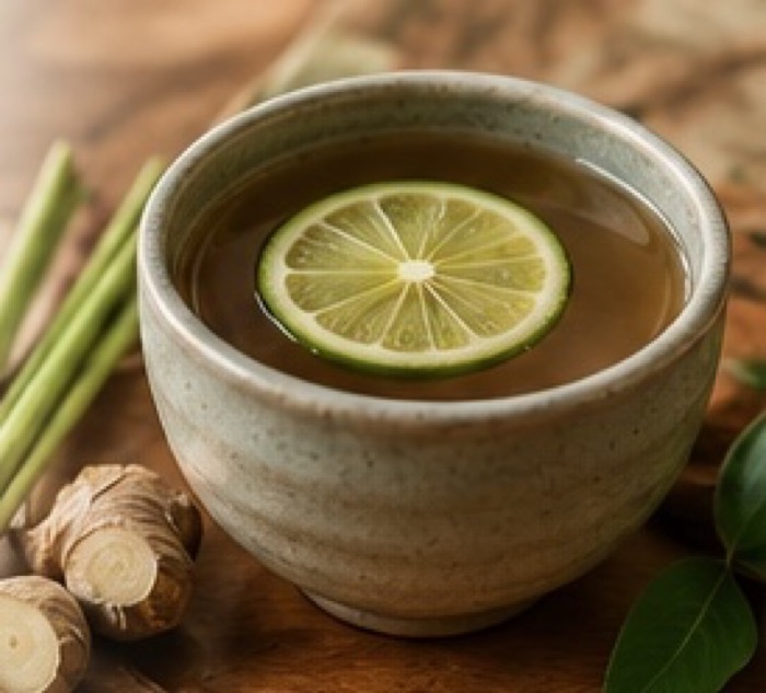 A stoneware cup of clear herbal tea with a slice of lime floating in it, beside fresh lemongrass stalks and a knob of ginger.